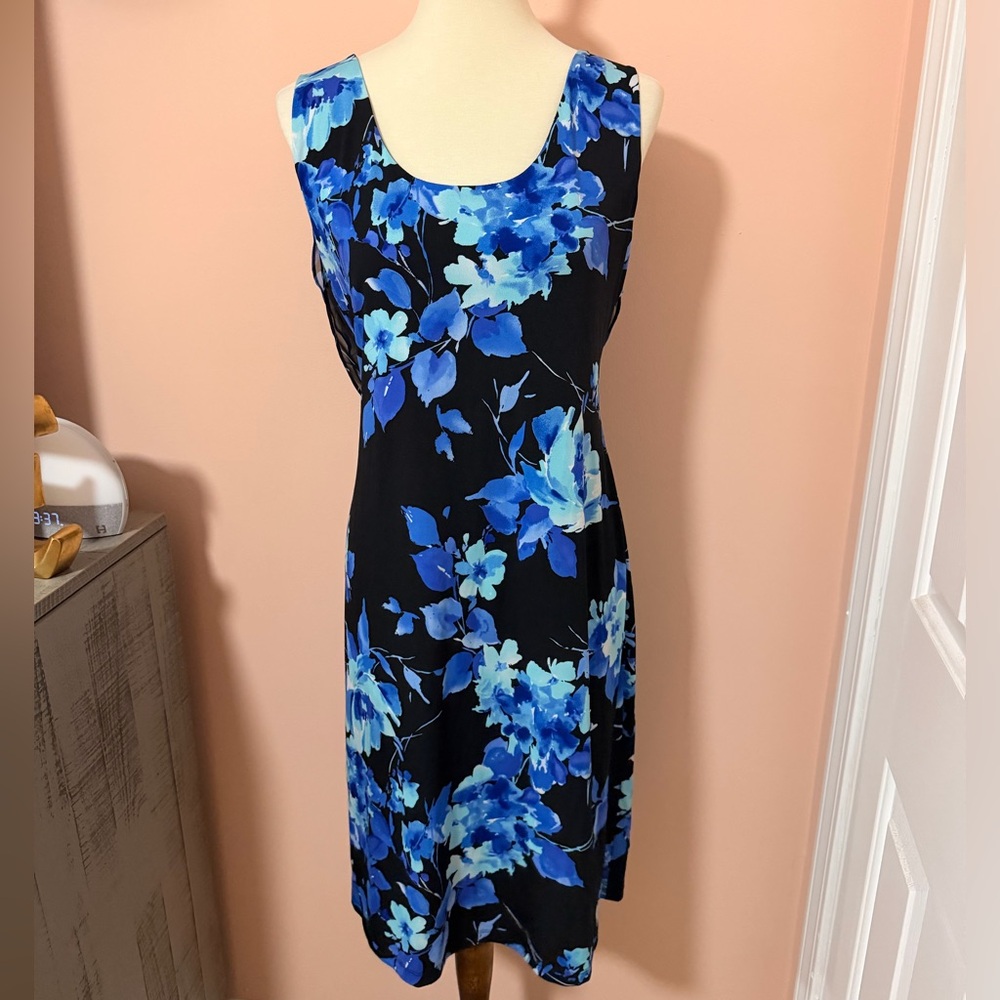 Connected Apparel Blue Floral Midi Dress Open Back with Draping Detail Sz 14